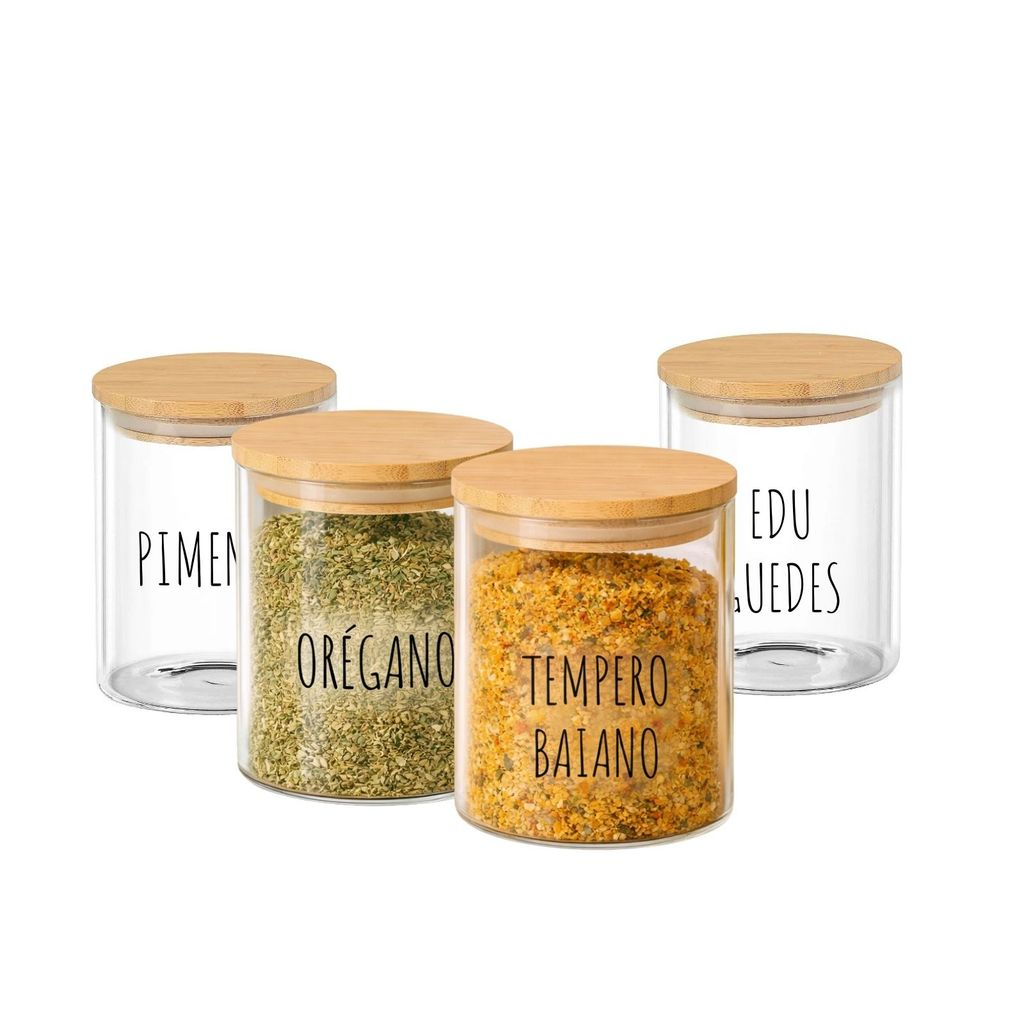 Potes Herméticos para Temperos de Vidro com Tampa de Bambu Personalizado 8x8